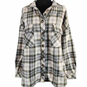Cotton Bleu Womens sz large button down shacket  plaid green flannel long sleeve